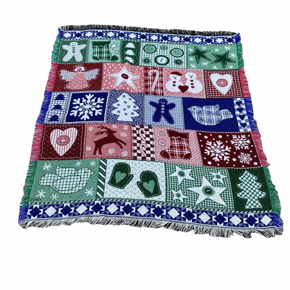 MH Blanket Throw Afghan Christmas Holiday 50x57” Green Red Blue Patchwork